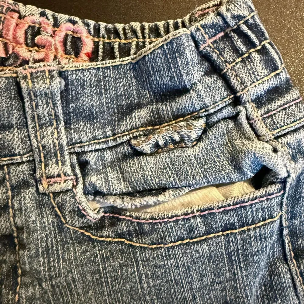 Vtg BONGO Girls 4T Jeans Y2K Boho Embroidered Pockets Flare Denim Elastic Waist